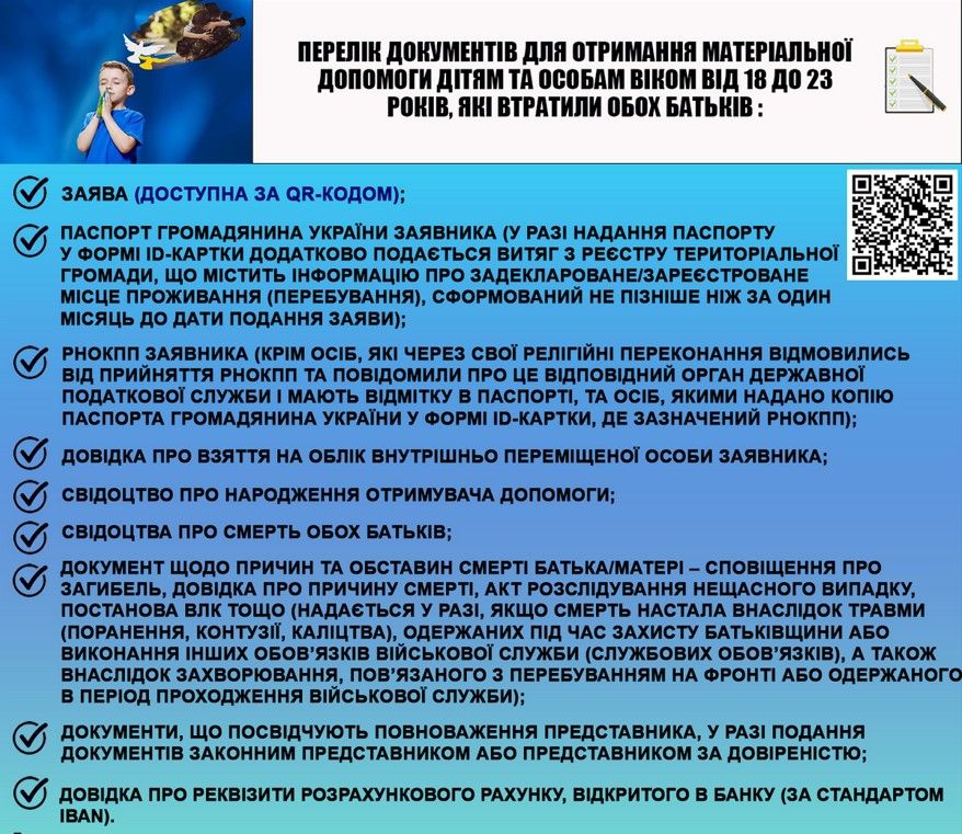Перелік документів для отримання матеріальної допомоги дітям та особам віком від 18 до 23 років, які втратили обох батьків Перелік документів для отримання матеріальної допомоги дітям та особам віком від 18 до 23 років, які втратили обох батьків