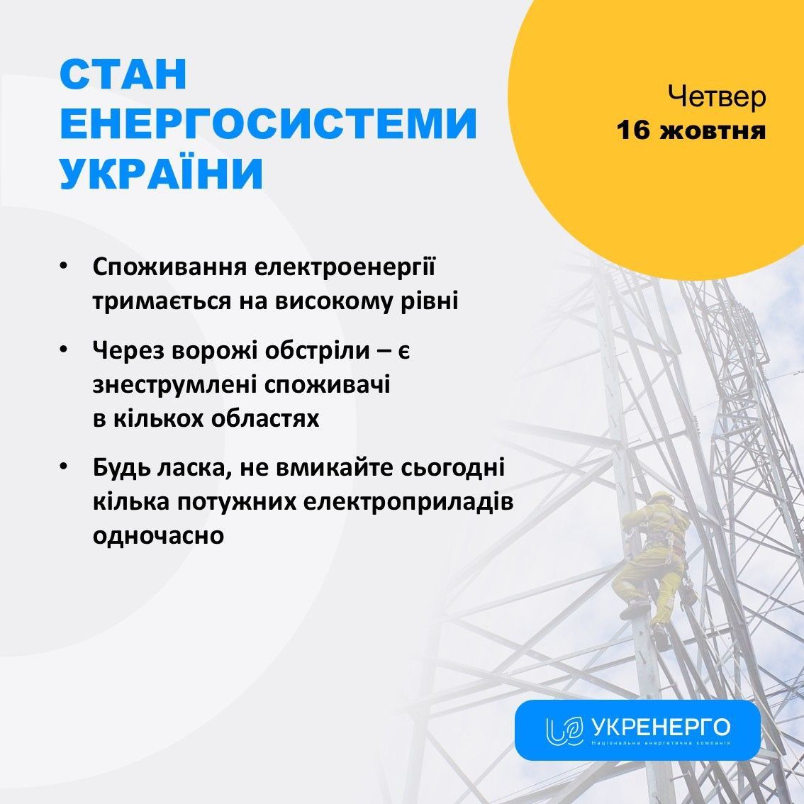 Стан енергосистеми 16 жовтня Стан енергосистеми 16 жовтня