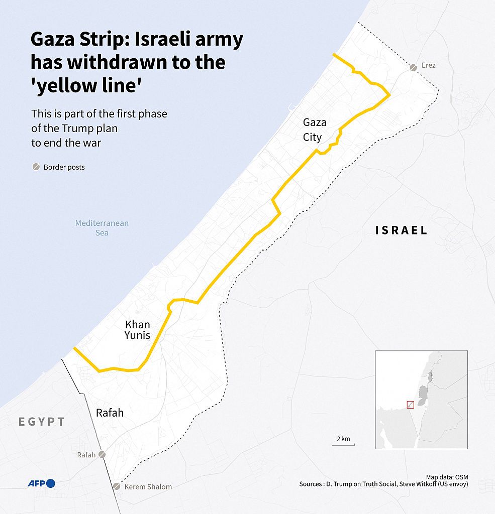 Інфографіка з картою сектору Газа, що показує «жовту лінію», з якої ізраїльська армія вивела свої війська станом на 10 жовтня. Фото: Getty Images Інфографіка з картою сектору Газа, що показує «жовту лінію», з якої ізраїльська армія вивела свої війська станом на 10 жовтня. Фото: Getty Images