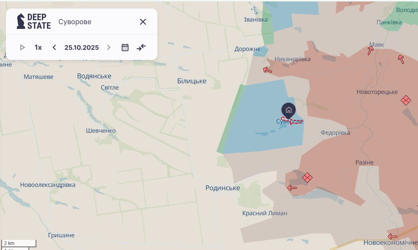 Затишок (раніше Суворове). Карта deepstatemap.live 25 жовтня Затишок (раніше Суворове). Карта deepstatemap.live 25 жовтня