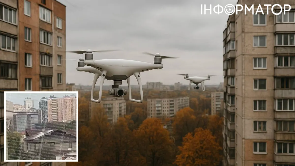 Дрон в Одессе среди домов днем