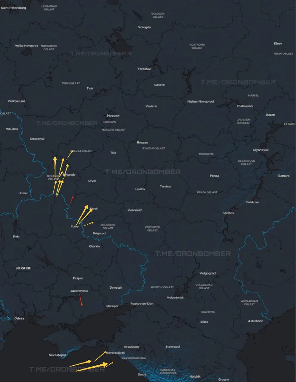 Червоні стрілки - дрони, жовті - аеростати. Ситуація станом на 10:00 24 листопада