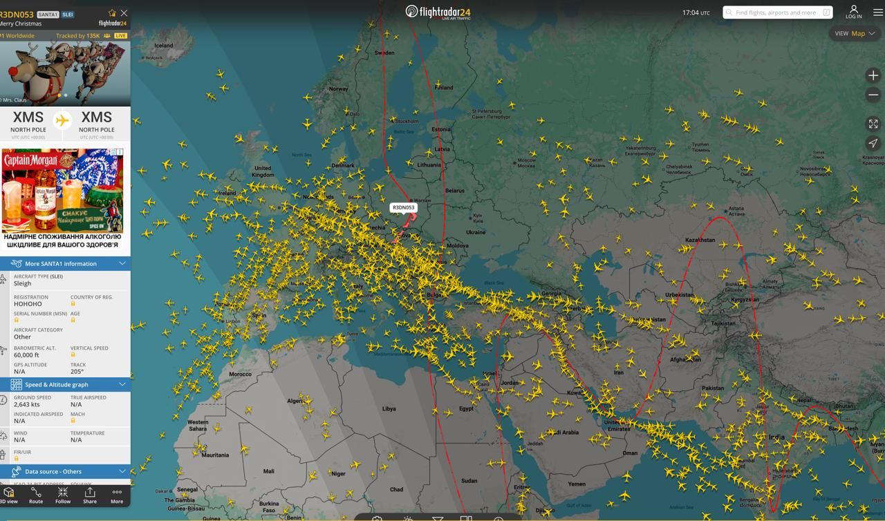 На Flightradar можна стежити за Сантою: він пролітав над Україною декілька годин тому 1