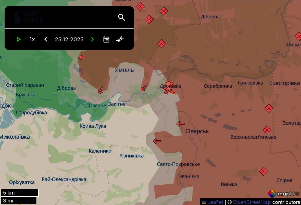 Лінія фронту в районі Сіверська станом на 25 грудня. Фото: DeepStateMAP