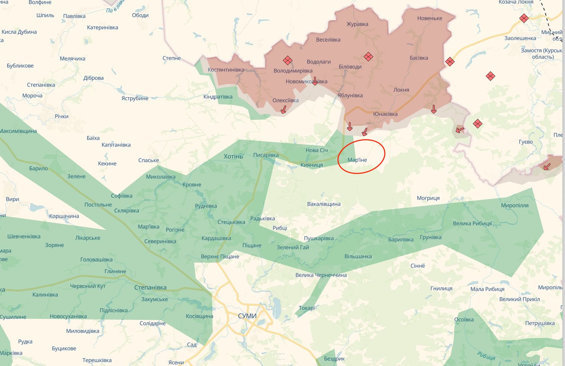 Ситуація на півночі Сумщини на мапах DeepState. 