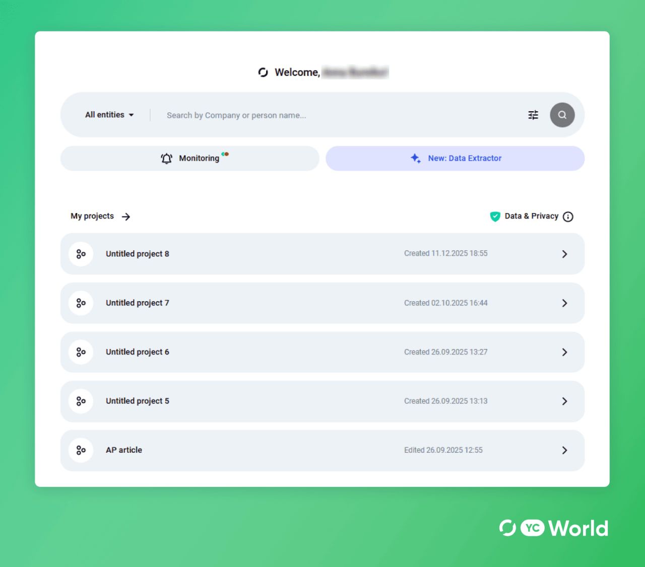 Скрин из системы YC World