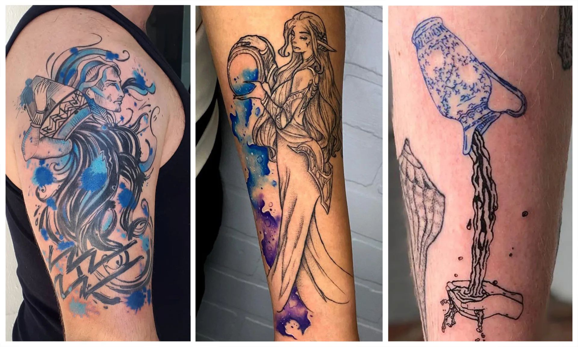 Татушки с Водолеем снова в тренде. Но учтите: в классическом египетском изображении Водолей льёт воду сразу из двух кубков. В одном живая вода, в другом — мёртвая. 