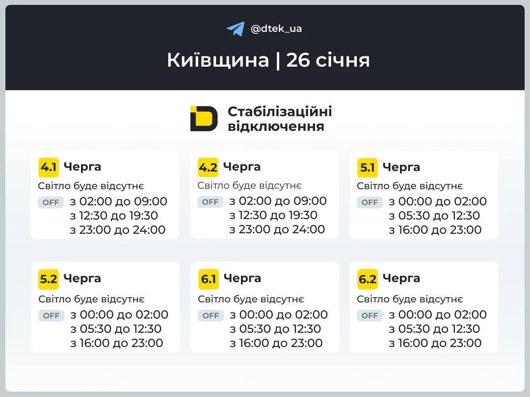 відключення світла на Київщині 26 січня