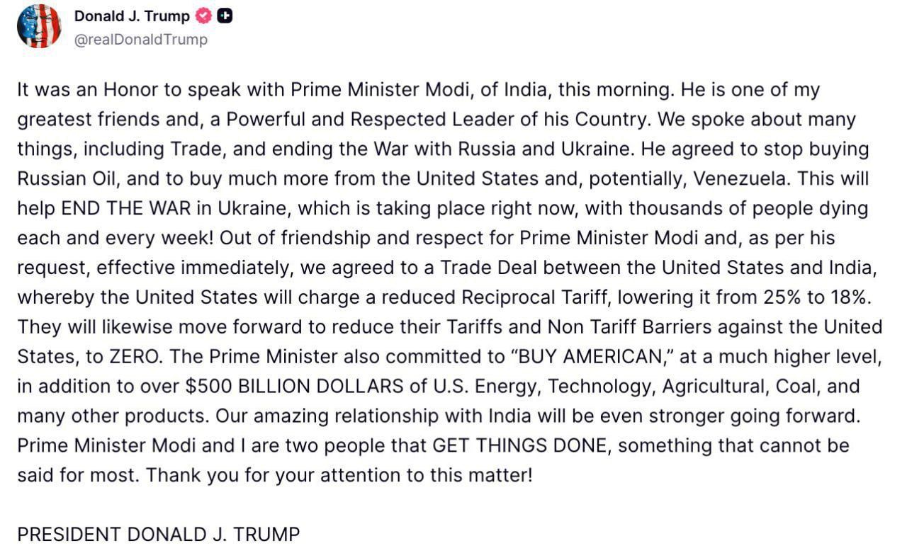 Трамп розповів про крок Моді, який може зупинити війну в Україні 1