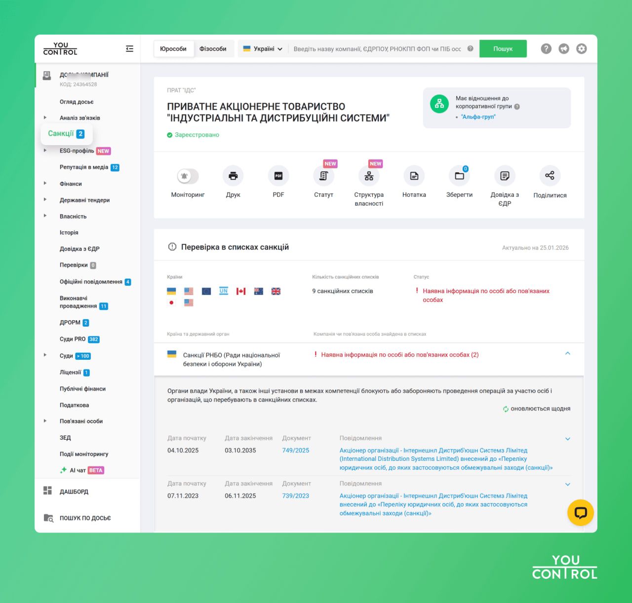 Скриншот из системы YouControl, раздел "Санкции"