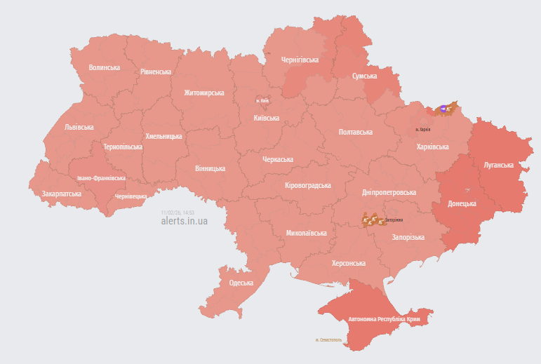 Ракетна небезпека для всієї країни. Фото: alerts.in.ua