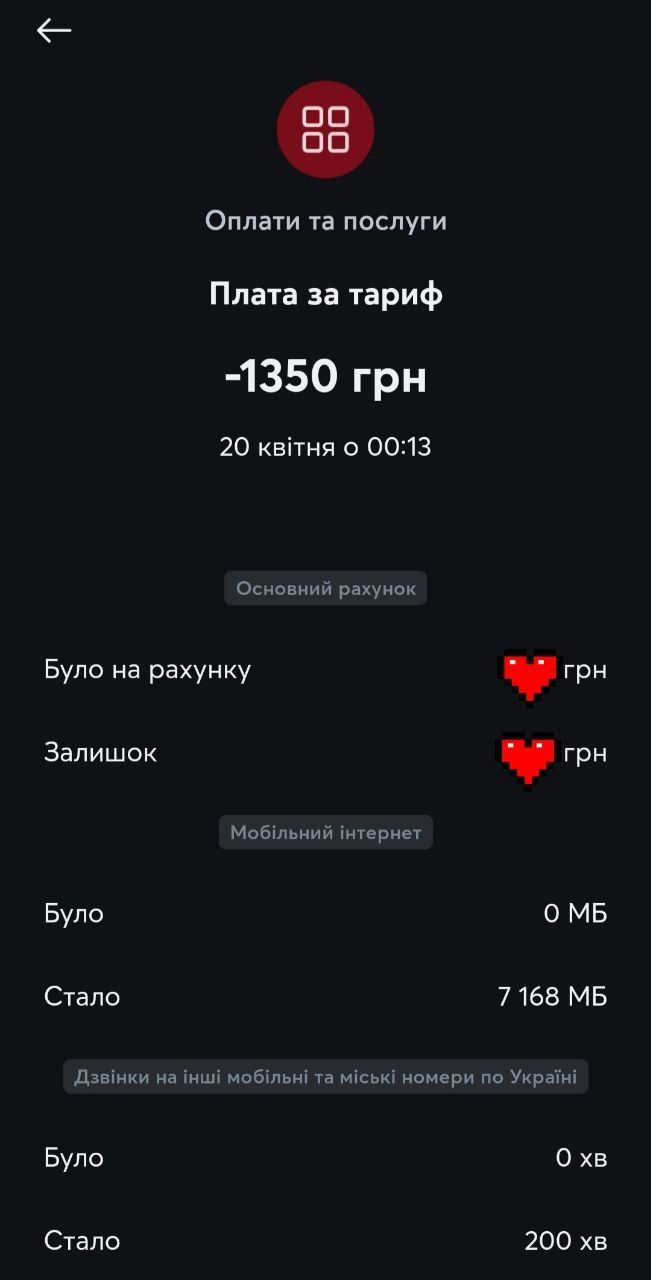 Чоловік 20 квітня оплатив тариф на суму 1 350 гривень