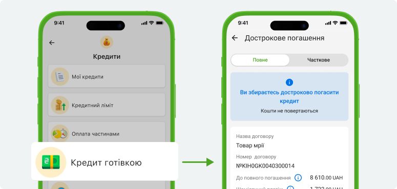 Чтобы досрочно погасить «Кредит наличными», откройте Приват24: «Кредиты – Кредит наличными – Договоры – Настройки – Погасить досрочно»