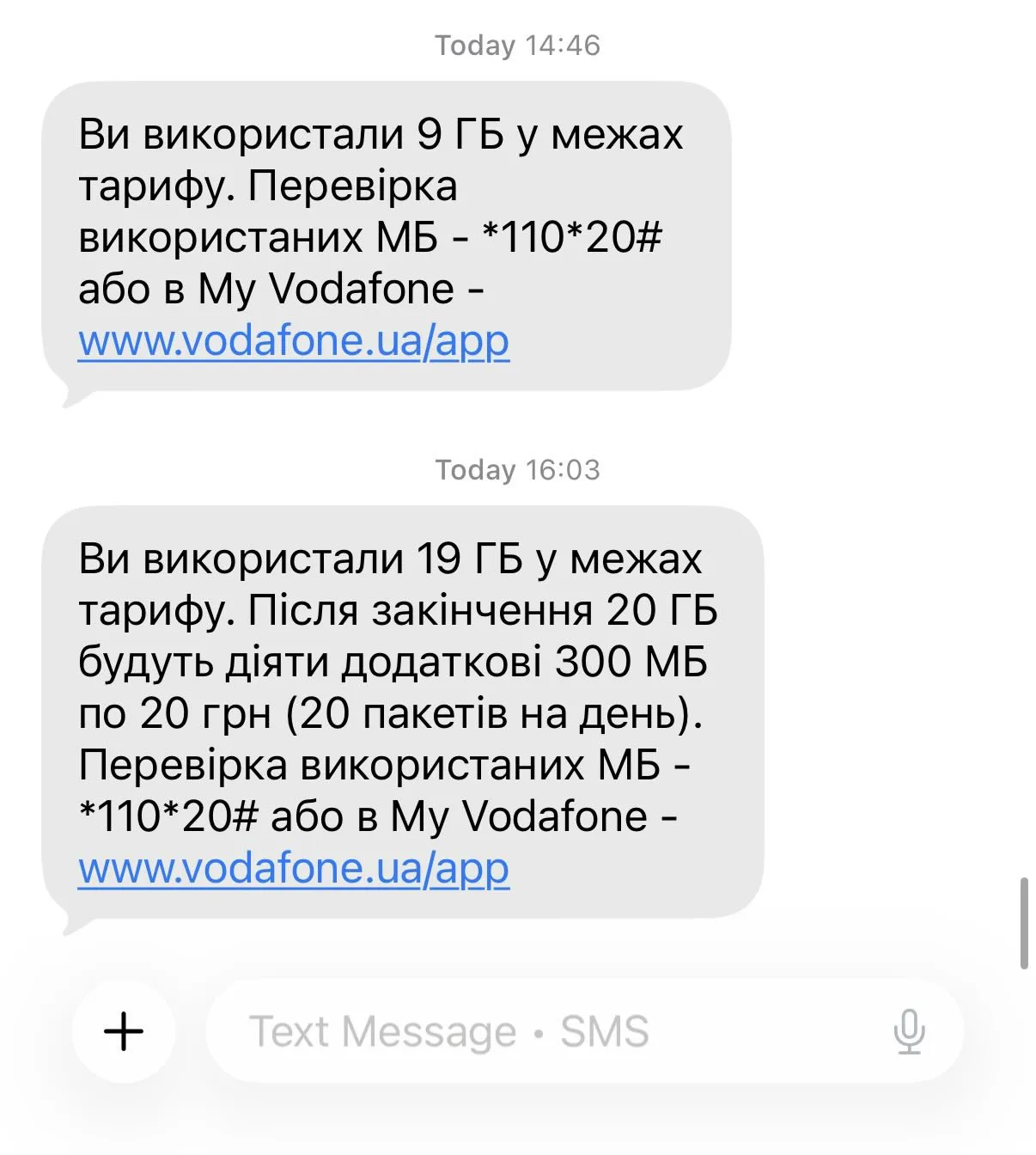 Сообщения от Vodafone, которые получила абонентка