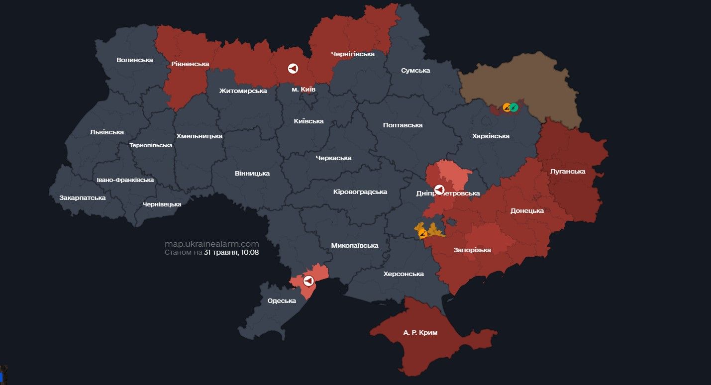 В Ровенской области и еще ряде регионов раздается воздушная тревога 31 мая карта воздушных тревог Украины