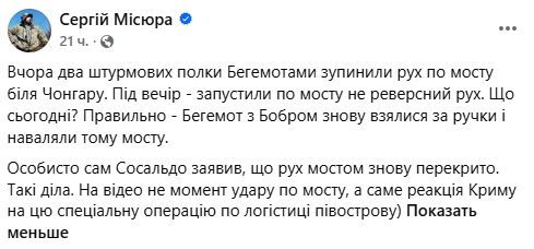 Бегемот с Бобром взялись за ручки и наваливали мосту - как уничтожение переправы на Чонгар отрезало Крым от поставок.