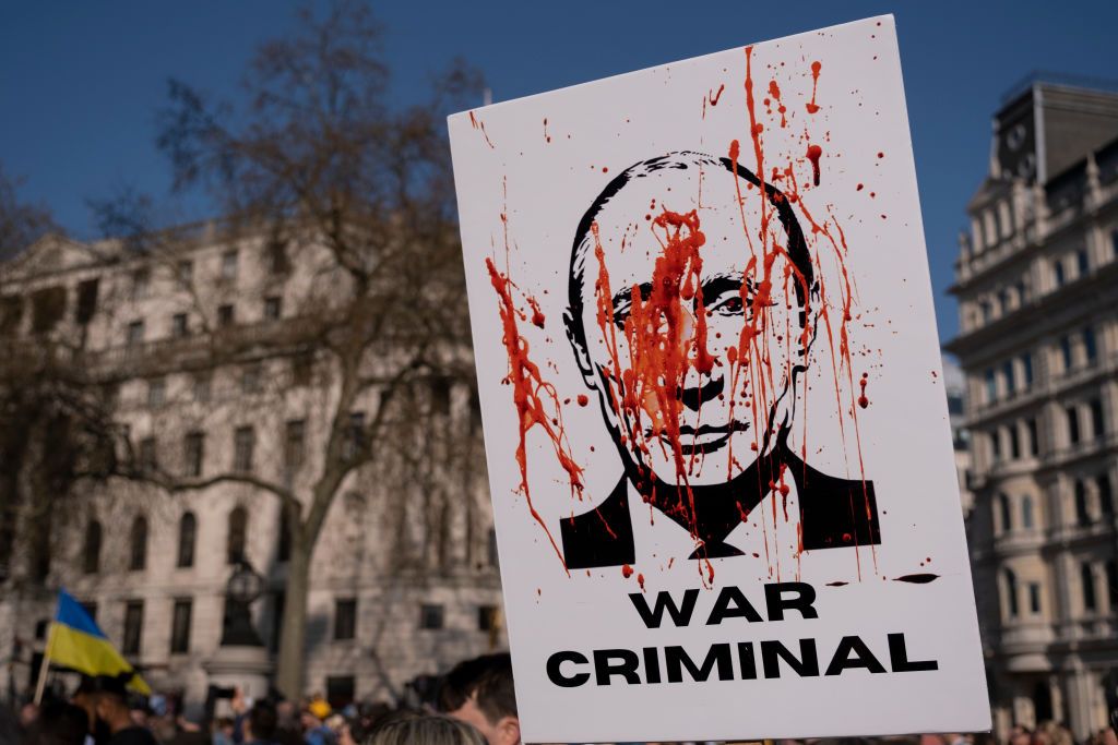 Зображення президента Росії Володимира Путіна, якого називають воєнним злочинцем. Фото: Getty Images