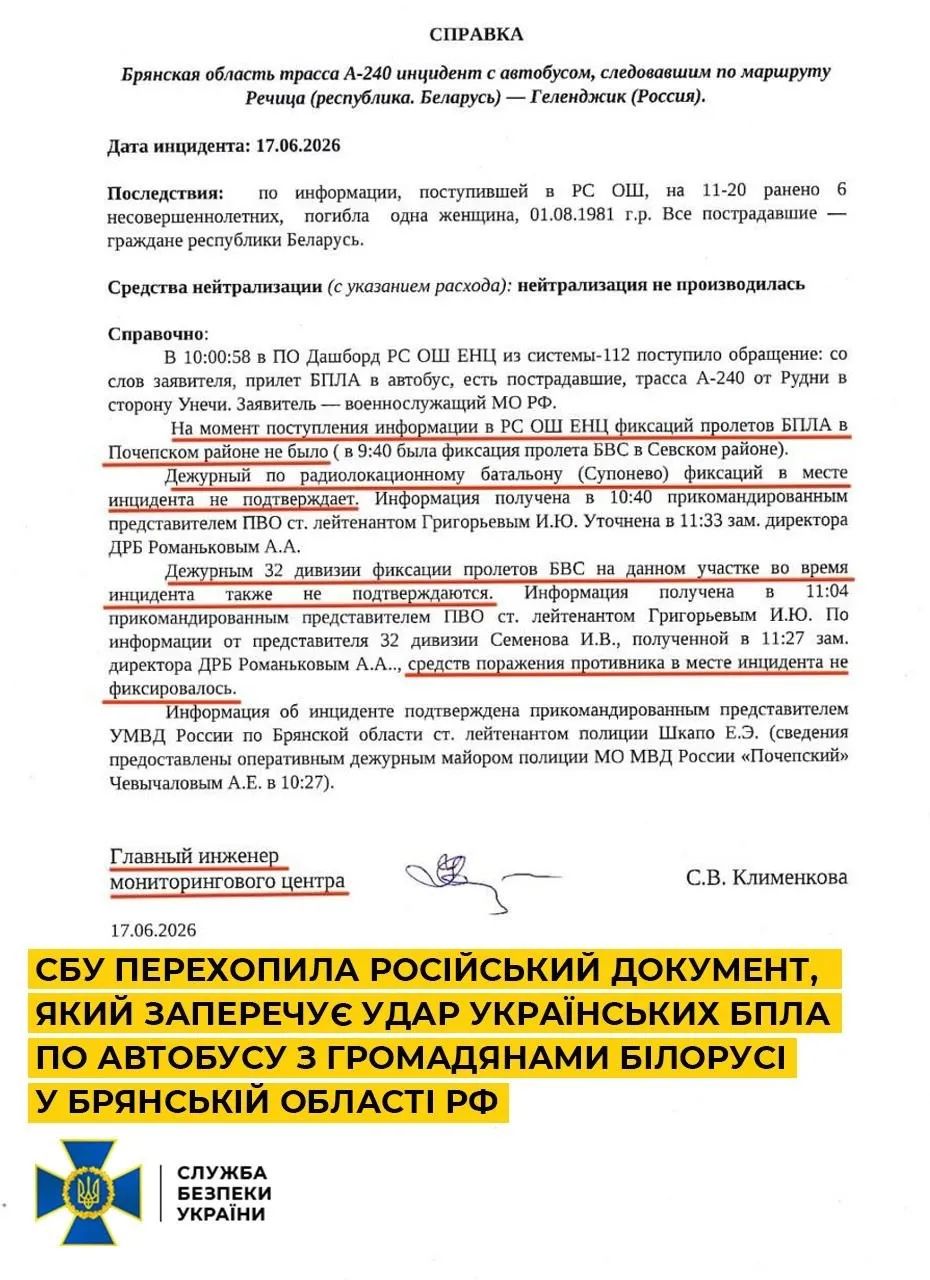 СБУ показала документ, який заперечує удар України по автобусу з дітьми у Брянській області, Фото: СБУ