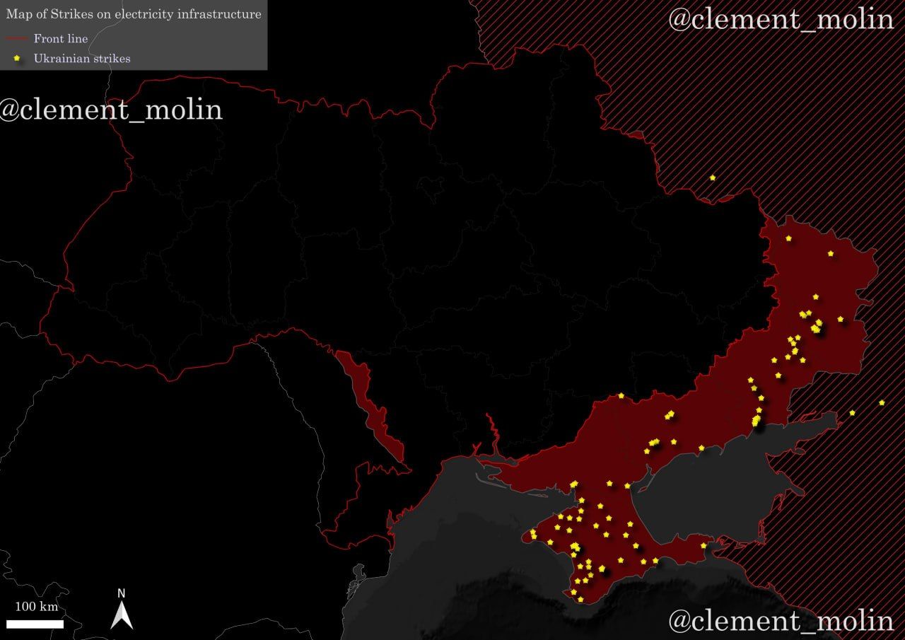 Мапа ударів по енергетичній інфраструктурі на ТОТ України за останні кілька тижнів, джерело: акаунт clement_molin у соцмережі X Мапа ударів по енергетичній інфраструктурі на ТОТ України за останні кілька тижнів, джерело: акаунт clement_molin у соцмережі X