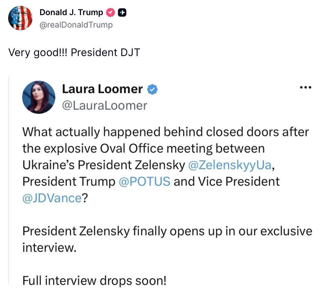 Зеленський дав перше інтерв'ю MAGA-блогерці Лорі Лумер, а Трамп уже поширив його анонс 2