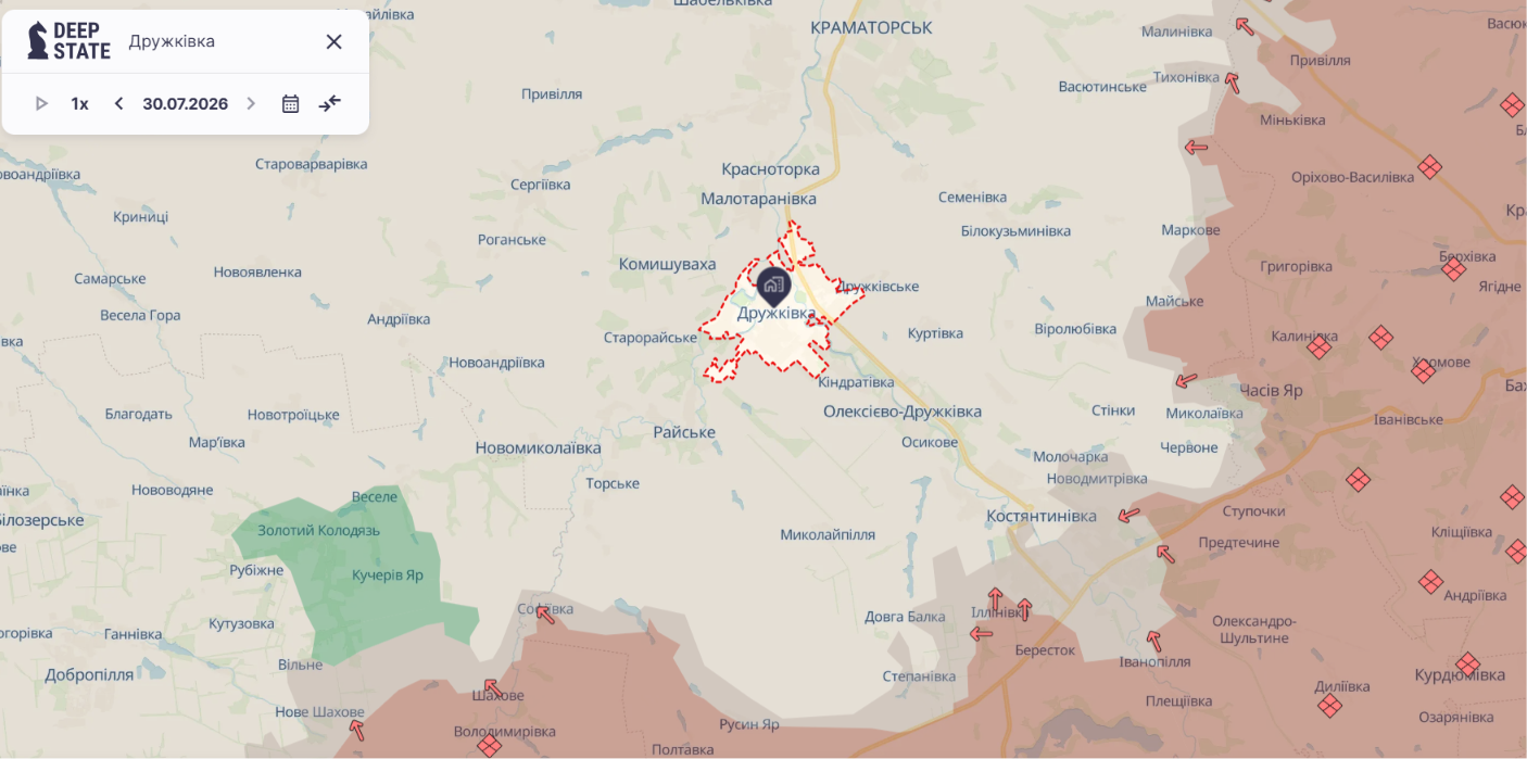 Россия хочет изолировать Дружковку. Карта deepstatemap.live карта deepstatemap.live Дружковка Донецкая область 30 июля 2026 год
