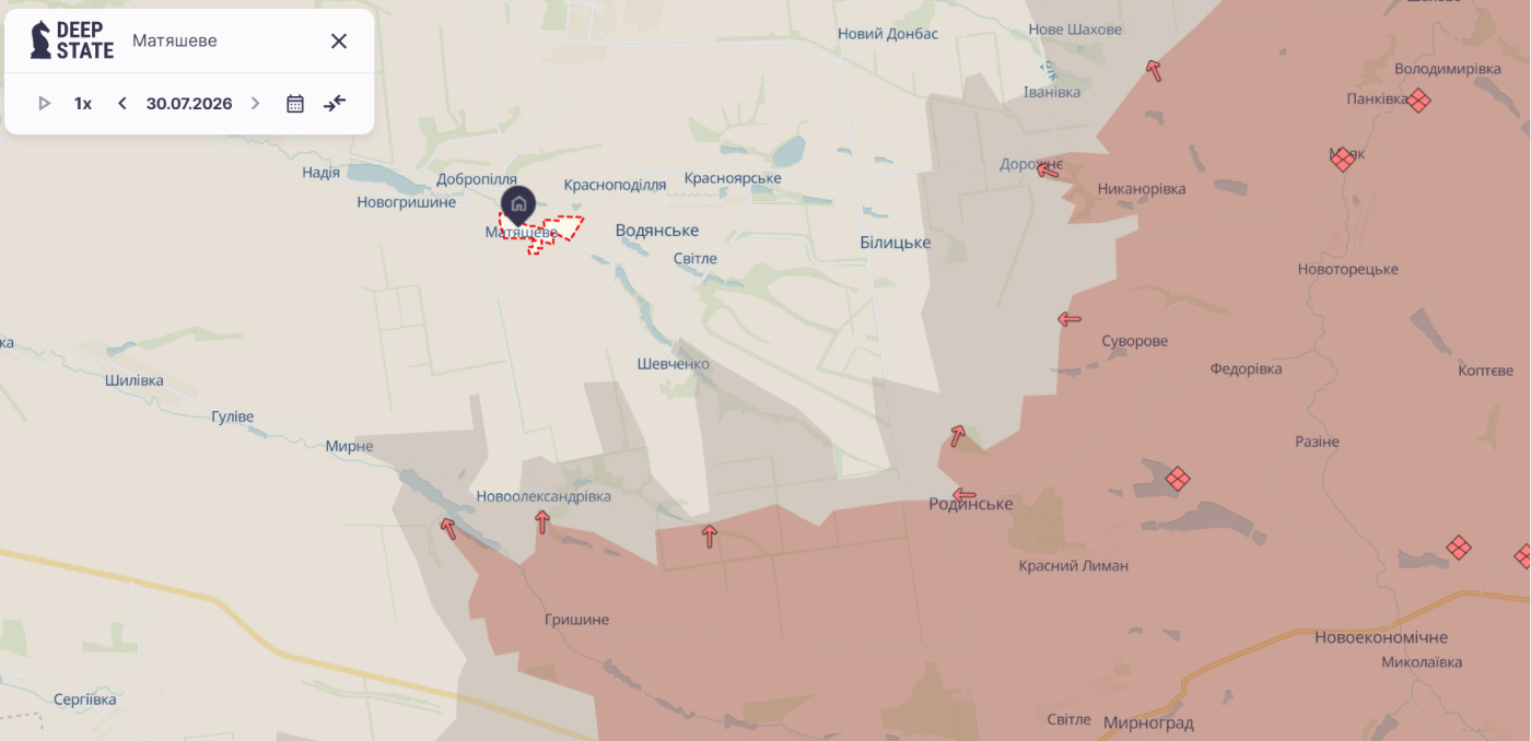 Що відбувається в Матяшевому. Карта: deepstatemap.live Матяшеве Донецька область 30 липня 2026 рік