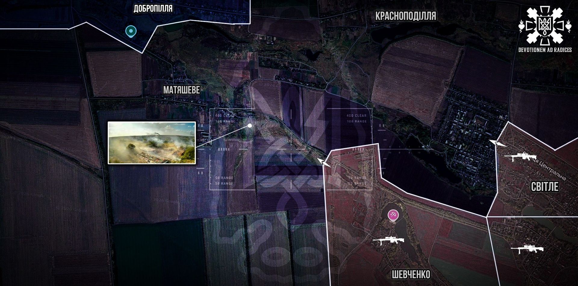 Тактическая карта оперативной обстановки на Добропольском направлении в Донецкой области с отметками населенных пунктов Доброполье, Краснополье, Матяшево, Светлое и Шевченко