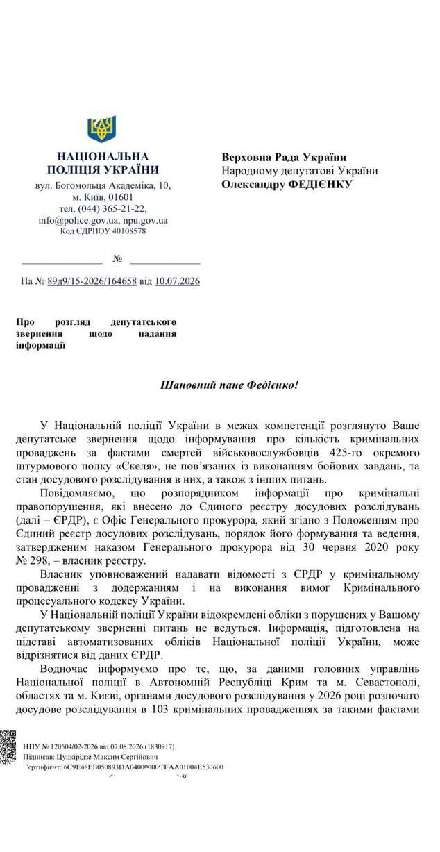 Відповідь Нацполіції на запит нардепа Відповідь Нацполіції на запит нардепа