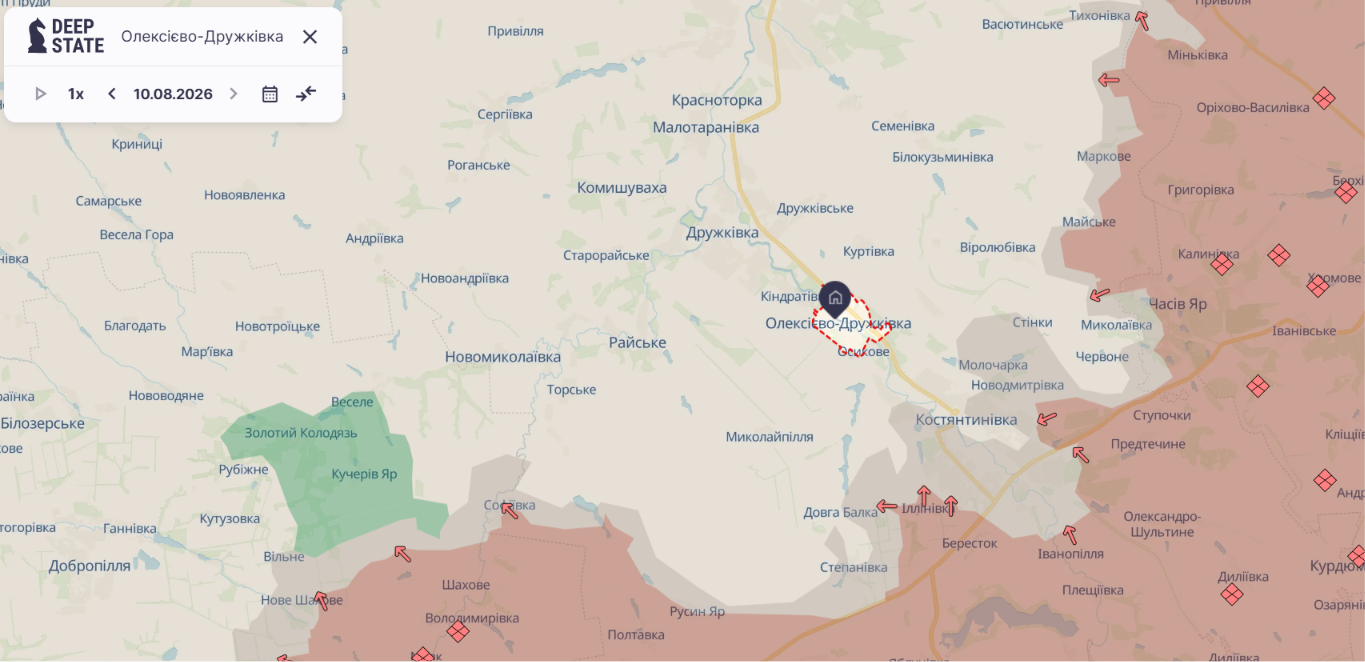 РФ пытается охватить Алексеево-Дружковку. карта: deepstatemap.live Алексеева-Дружковка на карте боевых действий. карта: deepstatemap.live