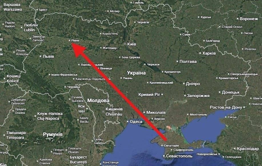 Маршрут реактивного дрона на захід з Криму Маршрут реактивного дрона на захід з Криму
