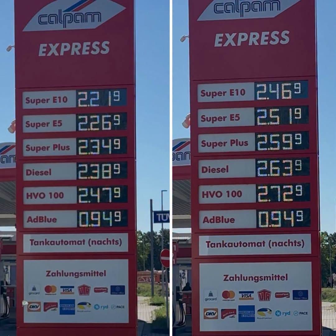 На фото цена потолка немецкой АЗС 15 сентября в 11.59 и 12.00. 25-30 евроцентов или на 13-15 грн/л Автор фото: Сергей Куюн