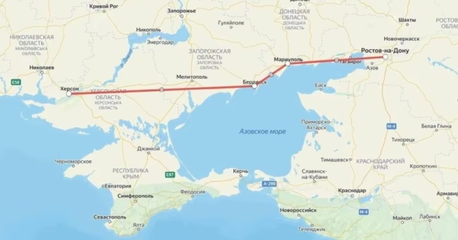 Карта сухопутного коридора из России в Крым, пробитого российскими войсками через оккупированную территорию Украины Карта сухопутного коридора из России в Крым, пробитого российскими войсками через оккупированную территорию Украины