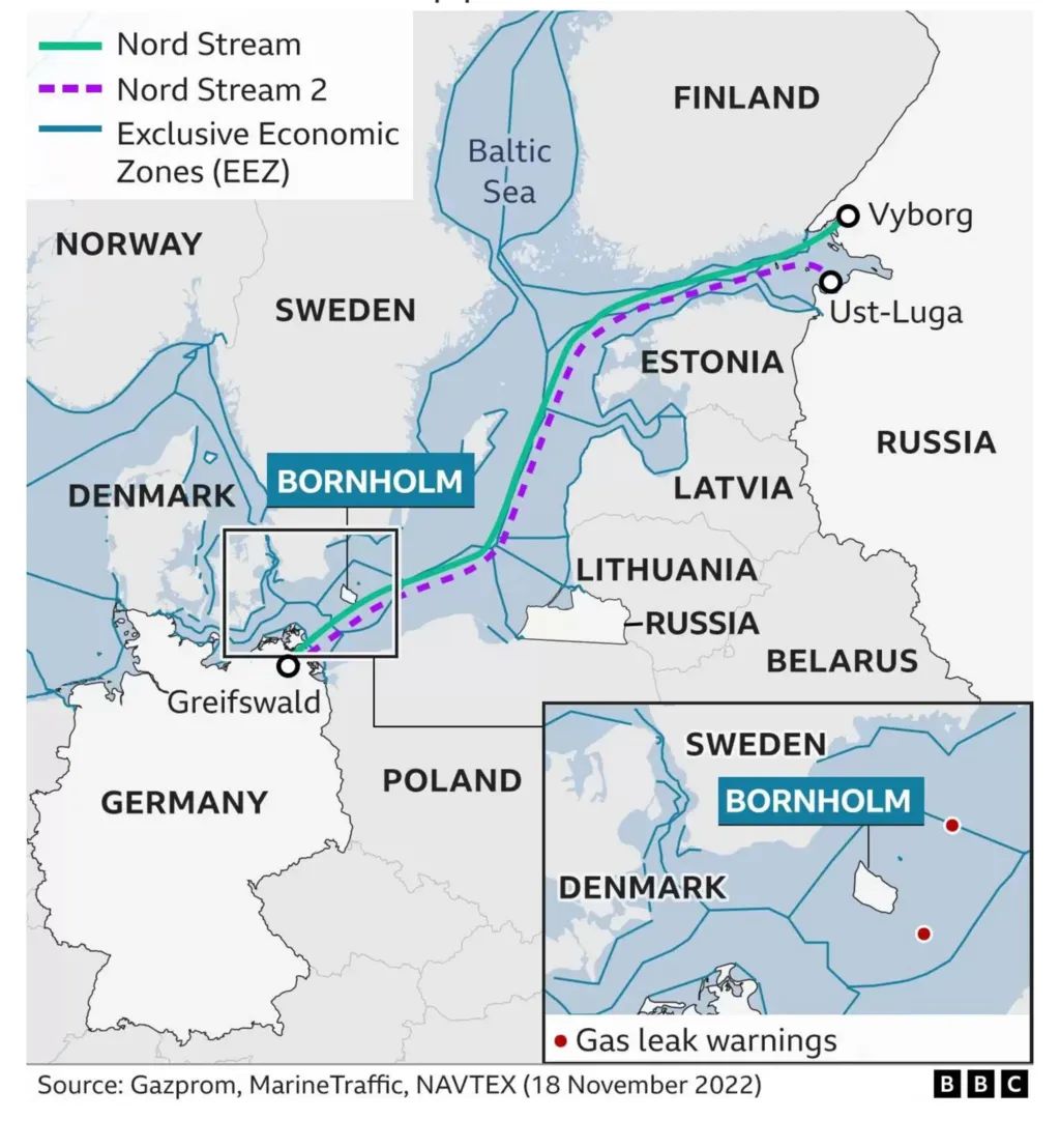 Маршрути газопроводів «Північний потік» (Nord Stream) та «Північний потік – 2» (Nord Stream 2) у Балтійському морі, джерело: ВВС