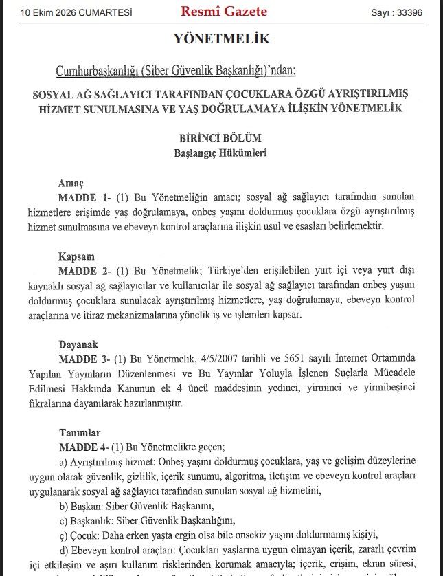 Скриншот из правительственной газеты Resmî Gazete с текстом нового Положения о проверке возраста и защите детей в соцсетях Скриншот из правительственной газеты Resmî Gazete с текстом нового Положения о проверке возраста и защите детей в соцсетях