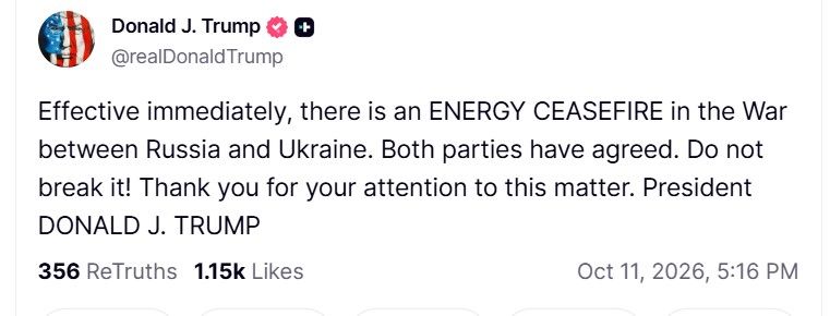 Трамп оголосив енергетичне перемир'я Росії й України, скриншот з його соцмережі Х