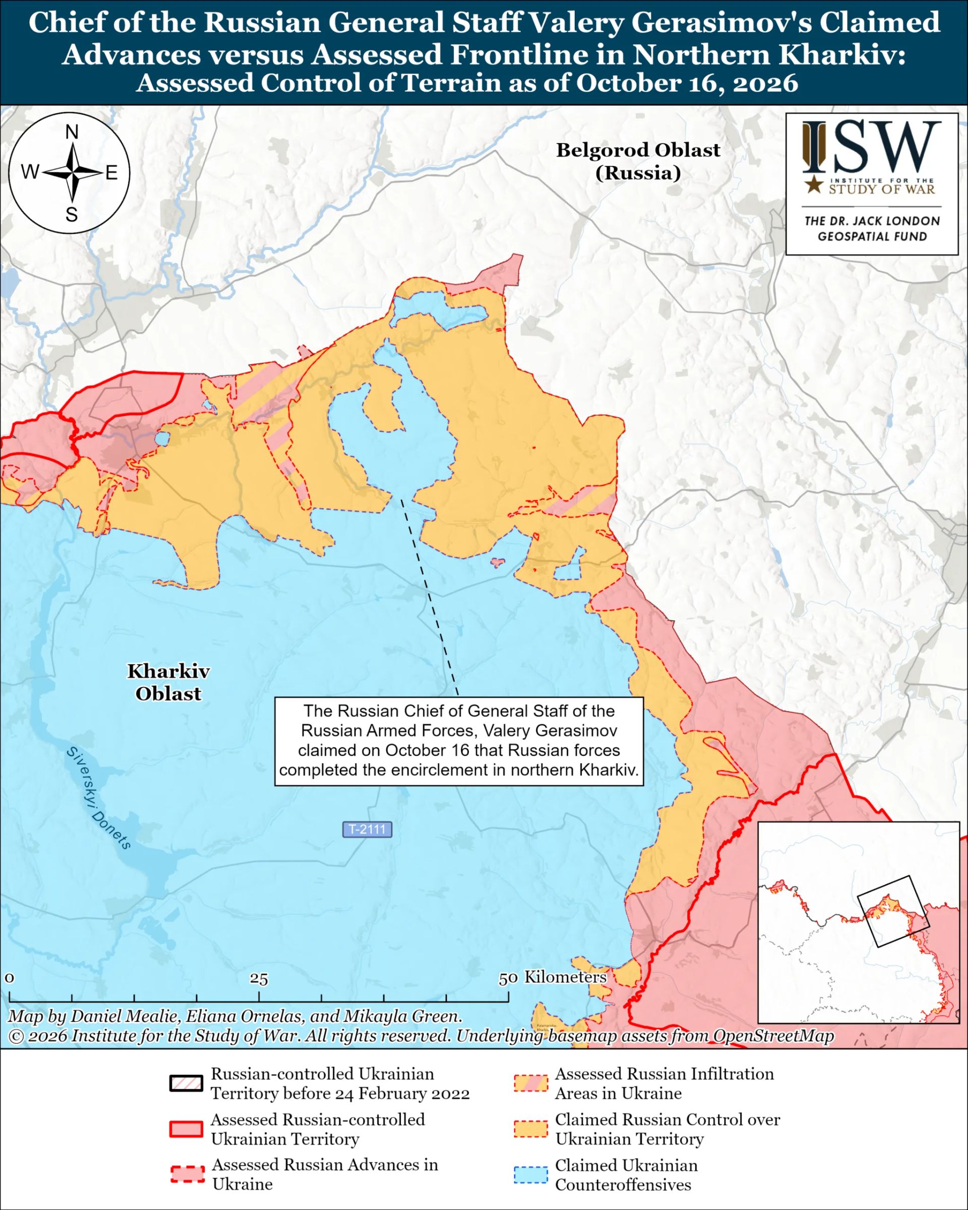 Карта від Інституту вивчення війни (ISW) показує порівняння заяв російського керівництва та реальної ситуації на фронті у північній частині Харківської області станом на 16 жовтня 2026 року