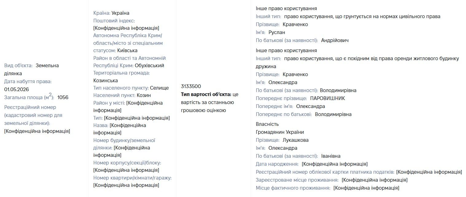 Відомості про земельну ділянку в Козині у декларації Кравченка