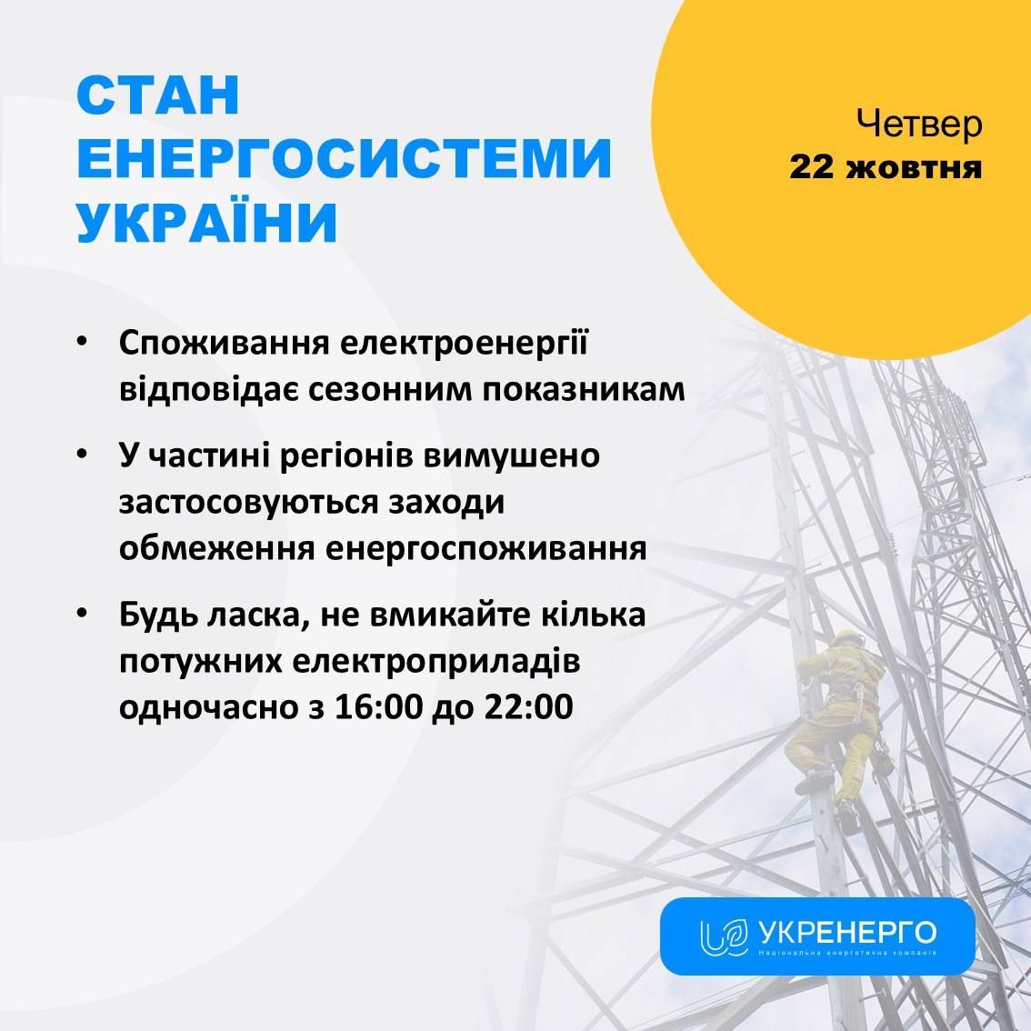 Укрэнерго об отключении света 22 октября