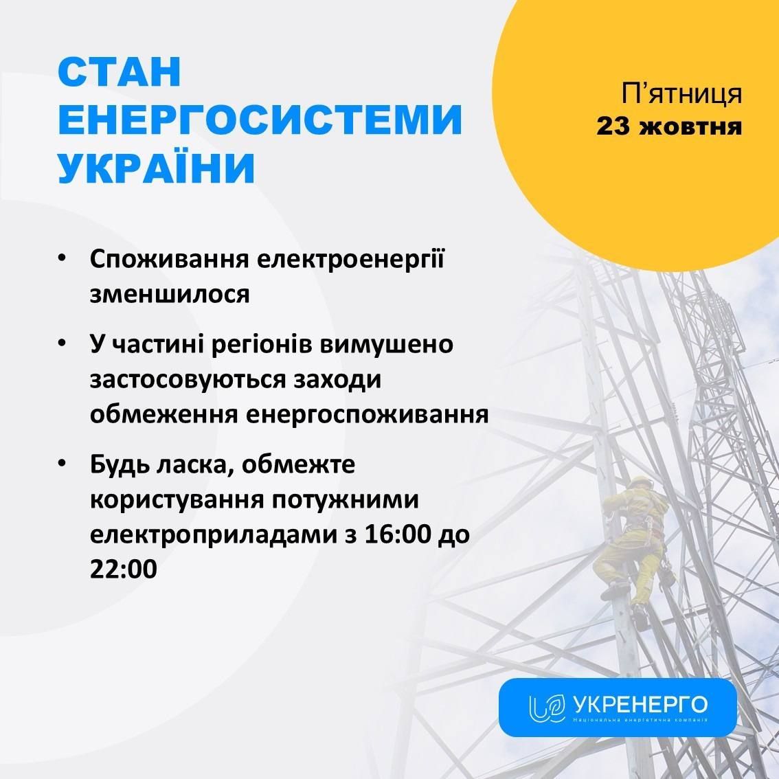 Где в Украине действуют отключение света 23 октября Где в Украине действуют отключение света 23 октября