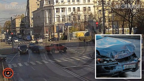 В Днепре на Яворницкого Mitsubishi летел на «красный», врезался в Opel и чуть не влетел в пешеходов: видео момента ДТП
