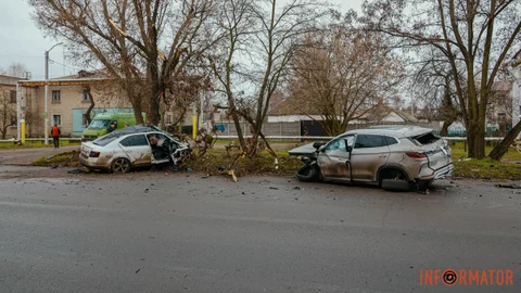 У Дніпрі біля ж/м Північний, на вулиці Добробатів, зіткнулися BYD та Skoda: остання влетіла у дерево, є постраждалі