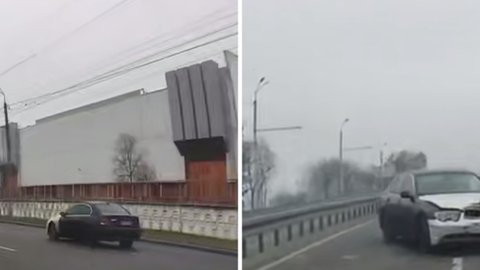 Видео момента: в Днепре на Набережной Заводской автомобиль BMW занесло и он врезался в отбойник