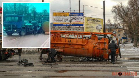 Видео момента ДТП: в Днепре на Шинной грузовик "потерял" цистерну с нечистотами