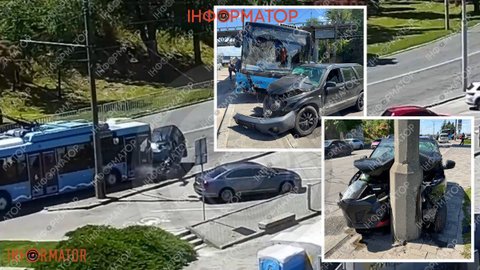 Момент ДТП на Сичеславской Набережной в Днепре: Subaru после столкновения с Dongfeng влетел в троллейбус