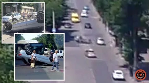 Відео моменту ДТП: у Кам’янському Mitsubishi перекинувся на дах після зіткнення з Opel