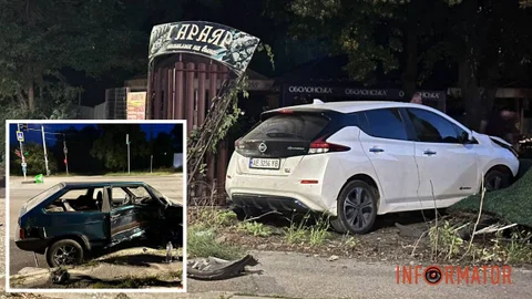 На Слобожанському проспекті Nissan після зіткнення з Lada зніс паркан кафе «Гараяр»: є постраждалі