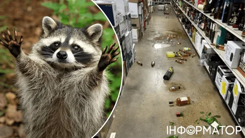 Пьяный енот уснул в туалете, после погрома в винно-водочном - фото