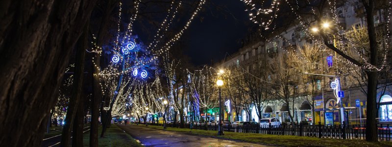 Проспект Яворницкого украсили тысячи новогодних огней