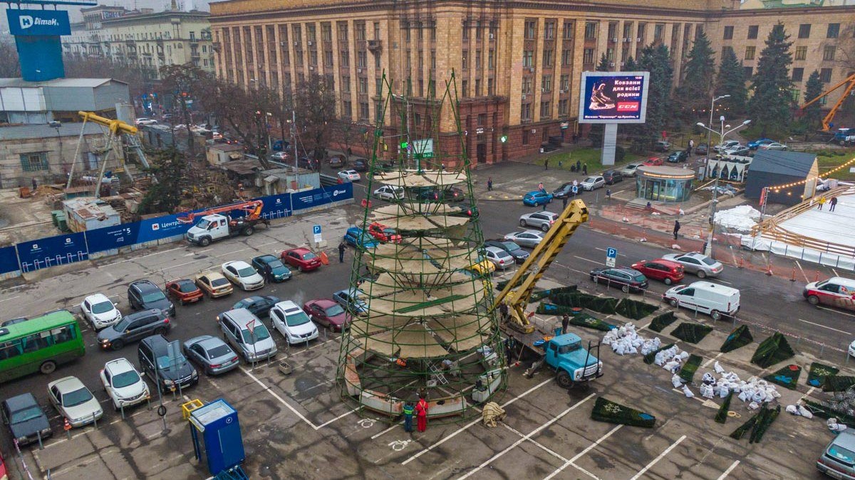 В центре Днепра начали собирать главную елку города