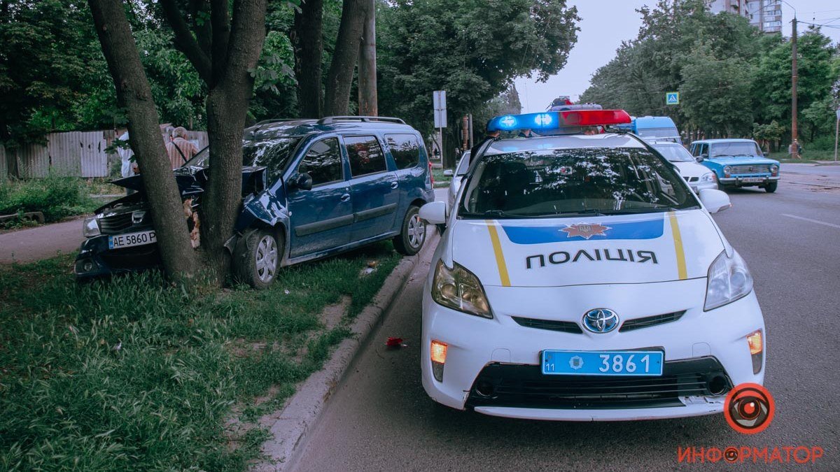 В Днепре на проспекте Богдана Хмельницкого Dacia уходил от столкновения и врезался в дерево: нужна помощь свидетелей